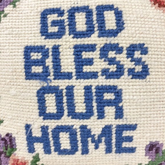 Vintage God Bless Our Home Needle Point Pillow, Mid Century Needle Point - Picture 3 of 9